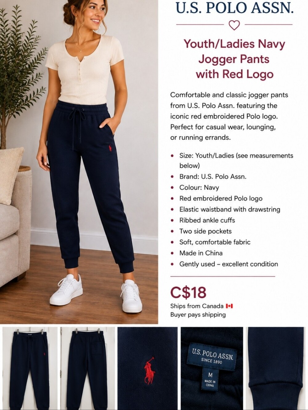 Youth/ladies Navy Jogger Pants with Red Logo